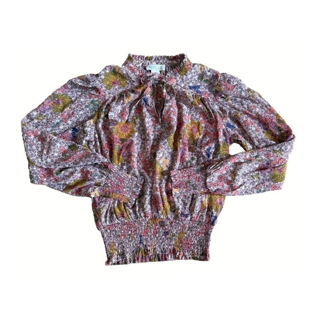 Rachel Zoe Sz S Pink Floral Tie Neck Smocked Waist Boho Peasant Blouse‎ Top